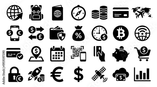 Collection of modern flat icons representing finance travel technology and business concepts on white background