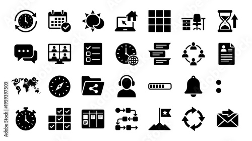 Collection of modern flat icons representing business, technology, time management, and communication concepts for web and app design