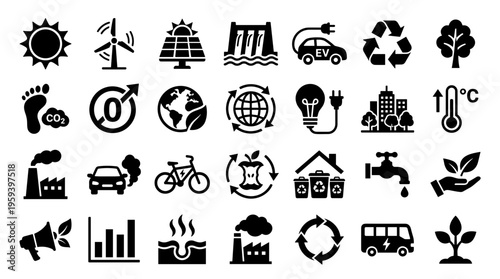 Collection of eco-friendly and sustainable living icons representing renewable energy, recycling, and environmental protection concepts