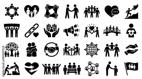 Diverse collection of icons representing human connection teamwork collaboration community support and partnership in business and social contexts