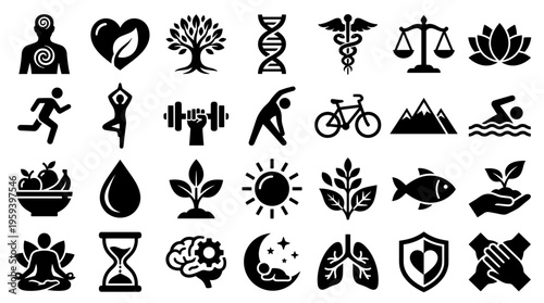 Collection of health and wellness icons representing healthy lifestyle choices fitness and well being symbols