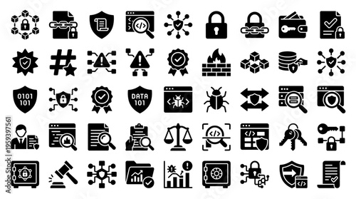 Cybersecurity and Data Protection Icons Set: Security, Technology, Network, and Digital Safety Concepts