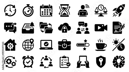 Collection of business and technology icons representing concepts like time management project planning and data security for digital presentations and websites