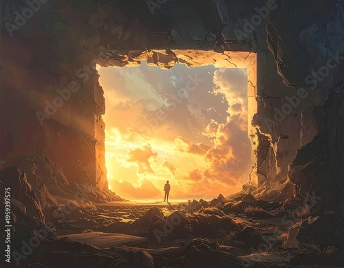 A lone figure stands at the threshold of a monumental stone archway, bathed in the warm glow of a dramatic sunset.