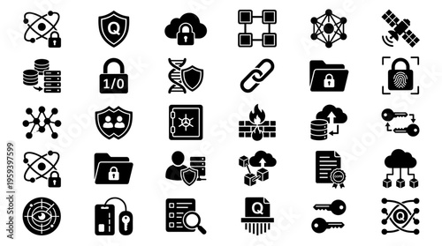 Cybersecurity and Data Protection Icons Set: Digital Security, Encryption, Network Safety, Cloud Storage, Biometrics, Blockchain, Firewalls, and Privacy Concepts