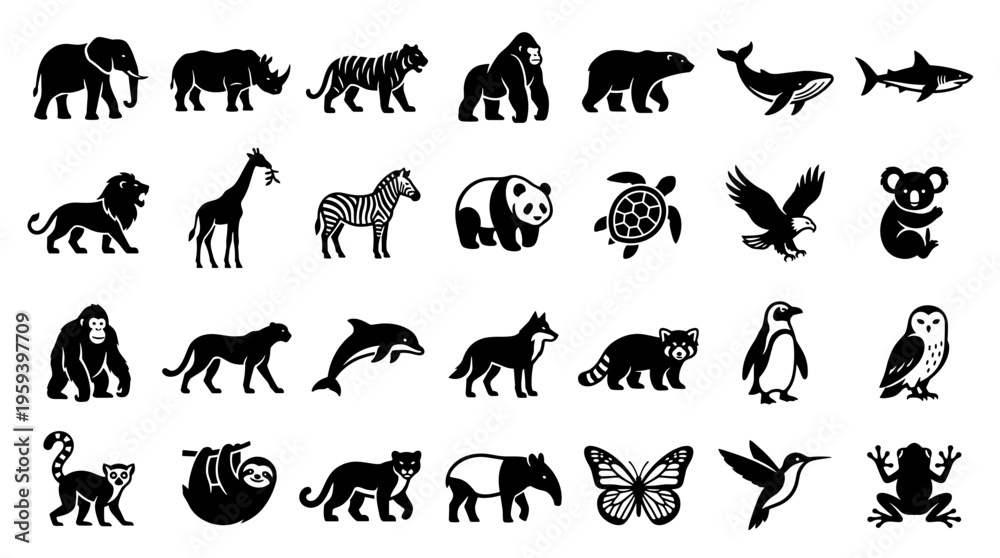Fototapeta premium Diverse Collection of Animal Silhouettes Featuring Mammals Birds Insects and Marine Life on White Background
