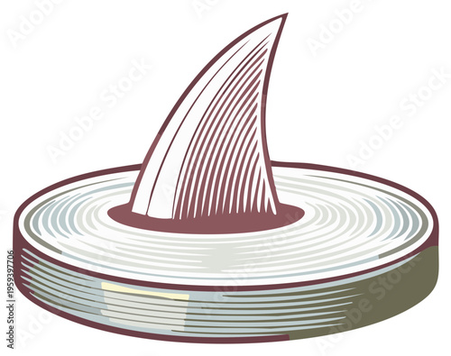 Illustration of a stylized, artistic, engraved shark fin protruding from a circular base.