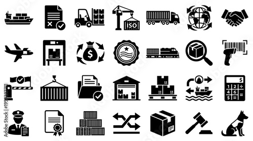 Logistics and Supply Chain Icons Set Representing Global Shipping Transportation Warehousing and Delivery Services