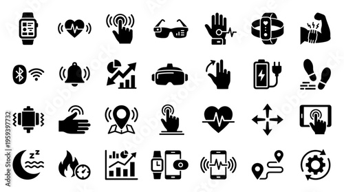 Collection of modern technology icons representing health fitness and smart device features for digital applications and web design
