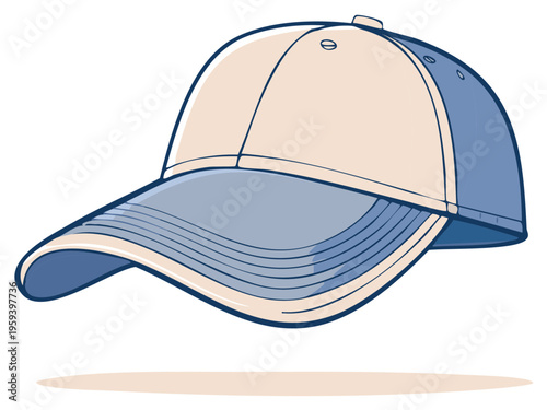 Baseball cap vector illustration, fashionable headwear with a curved peak for sun protection and sport