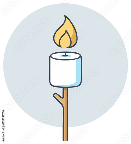 Illustration of toasted marshmallow on stick with a flame for camping