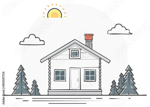 Charming Cabin Surrounded by Pine Trees Under a Sunny Sky