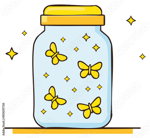 Butterfly collection in a glass jar with stars, whimsical hand-drawn illustration