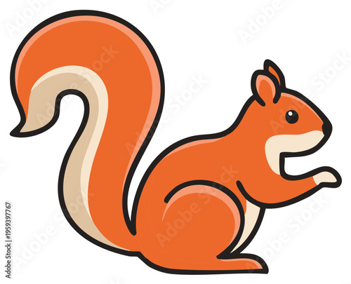 Cute orange cartoon squirrel with a bushy tail, vector illustration