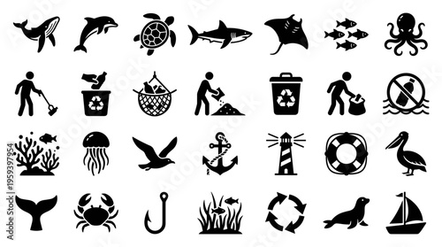 Collection of marine life and environmental protection icons symbolizing ocean conservation and clean sea efforts