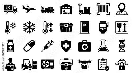 Logistics and Delivery Icons Set: Transportation, Cold Chain, Medical, and Drone Services for Supply Chain Management