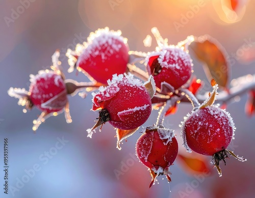 Rosehips covered in frost catch the golden light of sunrise.