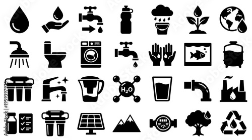 Collection of icons representing water conservation and usage in daily life industry and environment