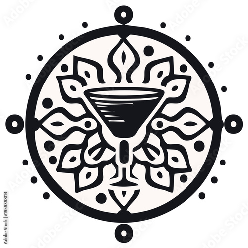 Mystical Cocktail Glass with Steam in an Ornate Black and White Sacred Mandala Symbol