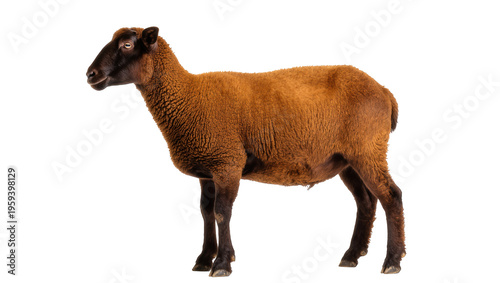 Captivating brown domestic sheep with expressive dark face standing in full profile.