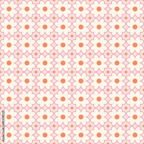 Seamless retro floral pattern with daisy flowers in soft pink and orange