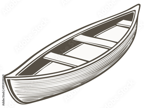 Classic empty small wooden canoe or rowboat graphic illustration for outdoor activities
