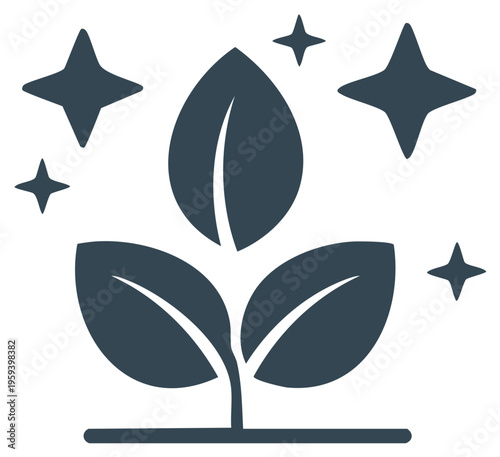 Plant sprout icon with leaves and star sparkles, vector for growth or purity concept
