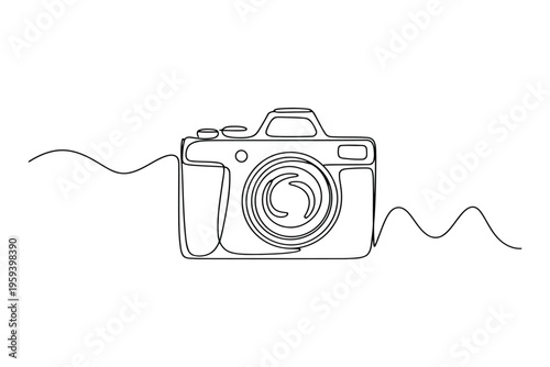 Black and white line of a camera with lens and strap line black and white minimalist