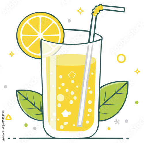 Refreshing glass of lemonade with lemon slice and straw, illustrated