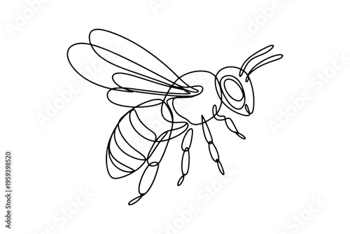 Black and white line of a hovering wasp with detailed wings and striped body insect line flying