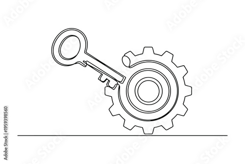 Black and white line of a key inserted into a gear line mechanical technology