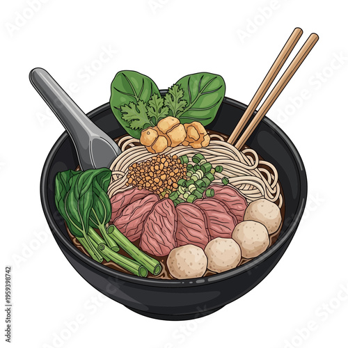 Delicious Beef Noodle Soup Bowl with Chopsticks and Spoon