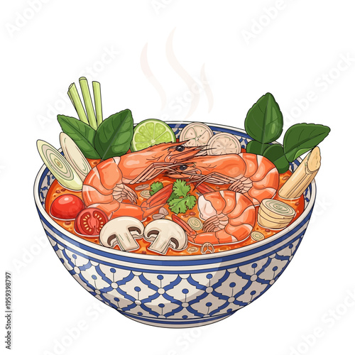 Delicious Tom Yum Soup with Shrimp and Mushrooms in a Decorative Bowl