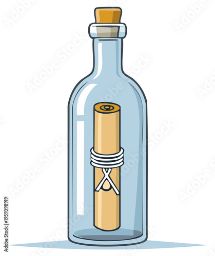 Message in a bottle illustration, scroll with a nautical design inside a glass bottle