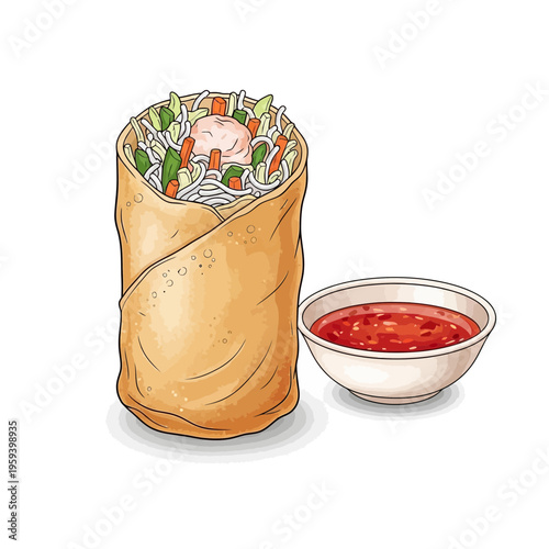 Fresh spring roll with dipping sauce, healthy Asian food illustration