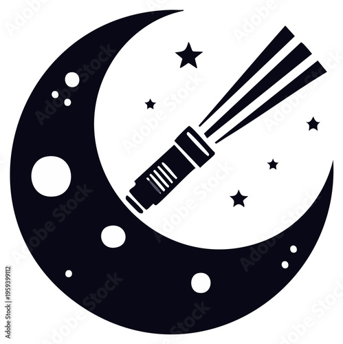 Crescent moon with stars and a flashlight shining light beams