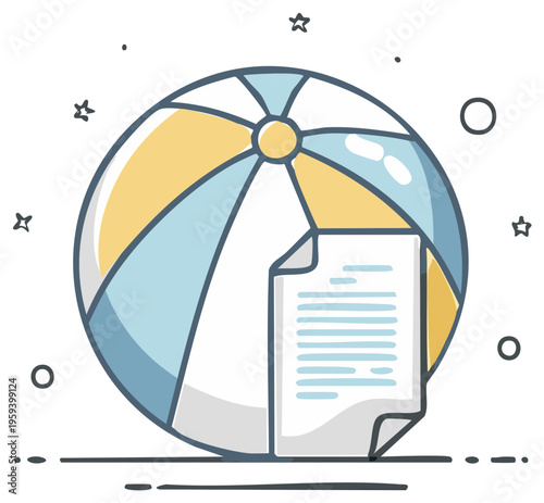 Colorful Beach Ball and Document Illustration for Summer Vacation Planning and Holiday Concepts