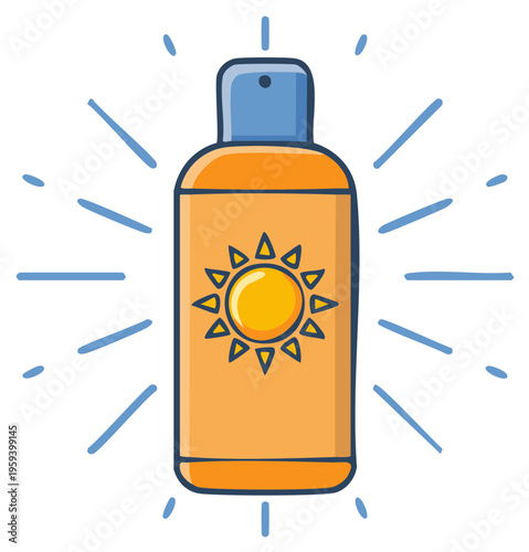 Bright Orange Sunscreen Bottle with Sun Design Symbolizing UV Protection for Beach, Summer Vacation