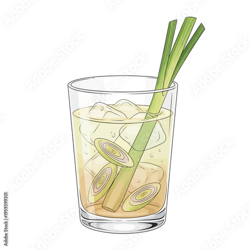 Refreshing lemongrass and ice drink in a clear glass, isolated on white background