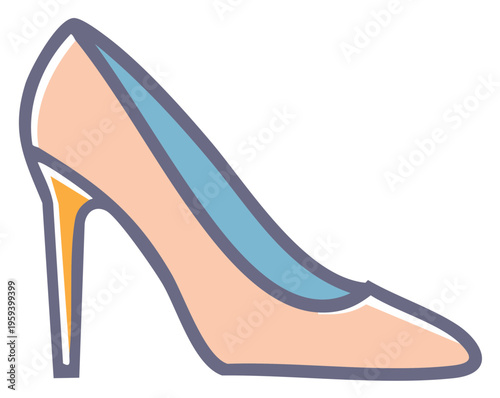 Elegant high heel shoe illustration with outline in blue and peach tones