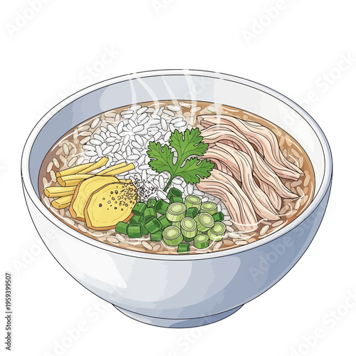 Steaming Bowl of Chicken Rice Soup with Herbs and Ginger