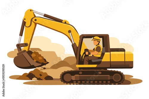 Yellow excavator digging dirt with driver in cab.
