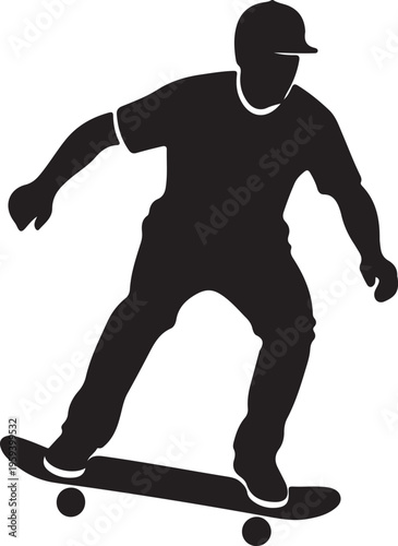 A silhouette of a man skateboarding on a white background