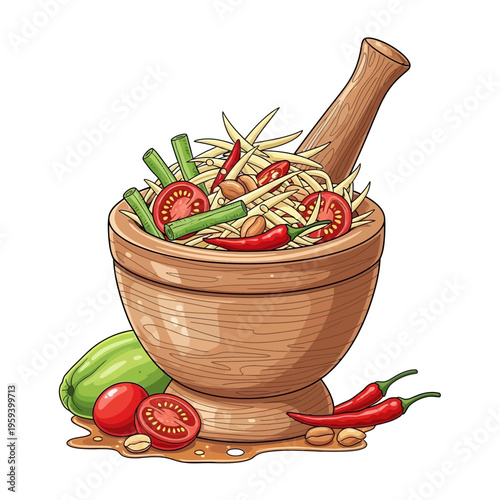 Thai Green Papaya Salad (Som Tum) in Mortar