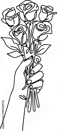 Hand holding a bouquet of roses in continuous line art style minimalist vector illustration for romantic concepts and design
