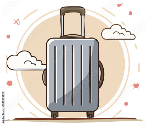 Modern Silver Rolling Suitcase with Clouds and Hearts Illustration for Travel