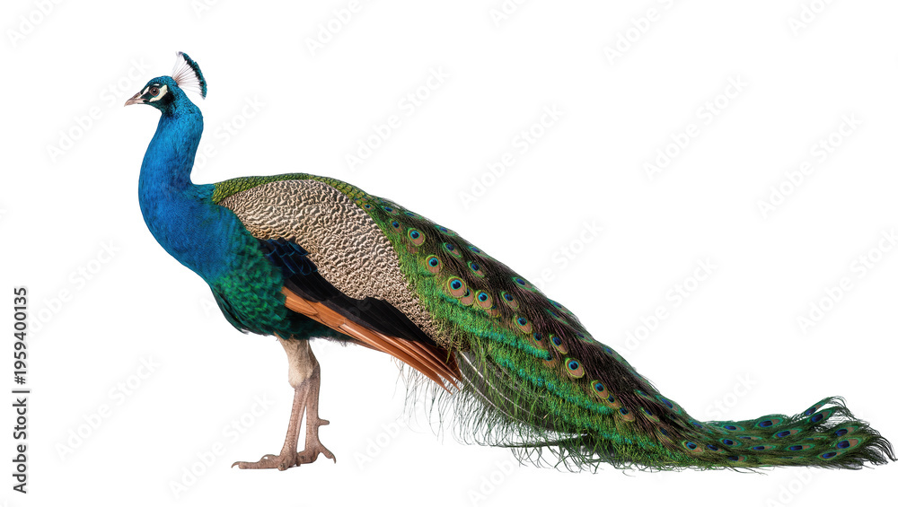 Fototapeta premium Stunning peacock with brilliant iridescent blue and green plumage and ornate tail feathers