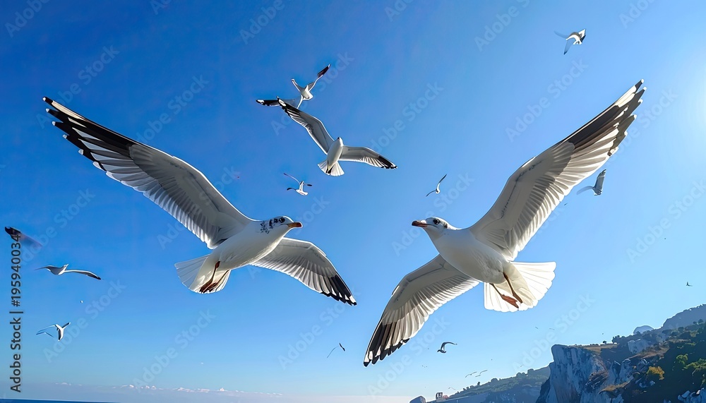 Obraz premium A flock of seagulls soars against a bright blue sky with distant cliffs.