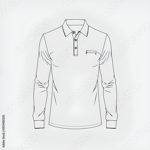 Long sleeve polo shirt technical fashion sketch CAD drawing flat vector illustration with collar and button placket for apparel design