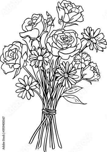 Line art bouquet of roses and daisies hand-drawn floral illustration for greeting cards and design elements isolated on white background